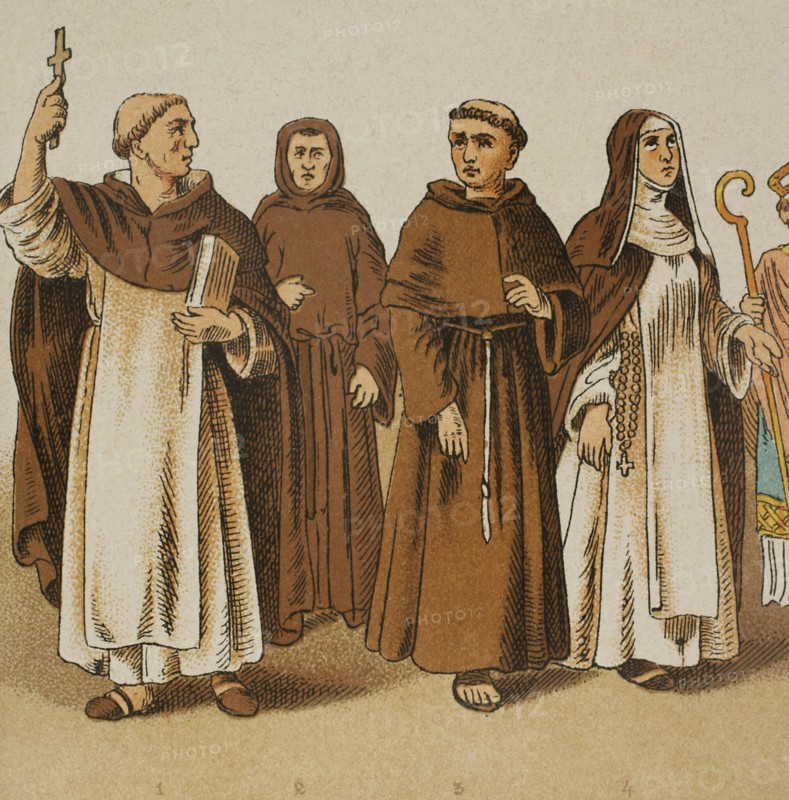 History of Italy. 1200. From left to right, 1: Dominican monk, 2: Augustinian friar, 3: Franciscan friar, 4: Dominican nun. Chromolithography. ""Historia Universal"", by Cesar Cantu. Volume VI, 1885.