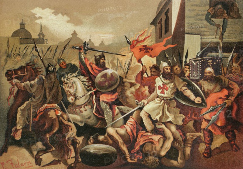 Middle Ages. The Crusades. Chromolithography. ""Historia Universal"", by Cesar Cantu. Volume VI, 1885.