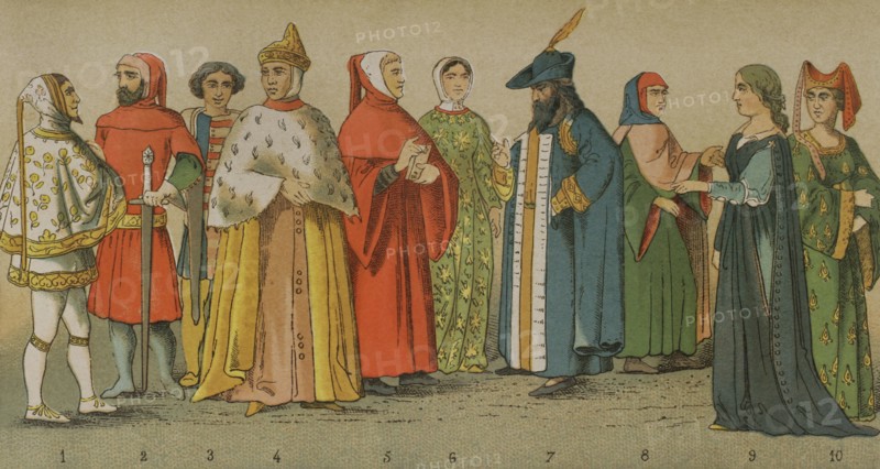 History of Italy. 1300. From left to right, 1: Cimabue (1240-1302), 2-3: distinguished men, 4: Doge of Venice, 5: Petrarch (1304-1374), 6: Laura (woman idealised by Petrarch in his poems), 7: distinguished man, 8: magistrate, 9 -10: dames. Chromolithography. ""Historia Universal"", by Cesar Cantu. Volume VI, 1885.