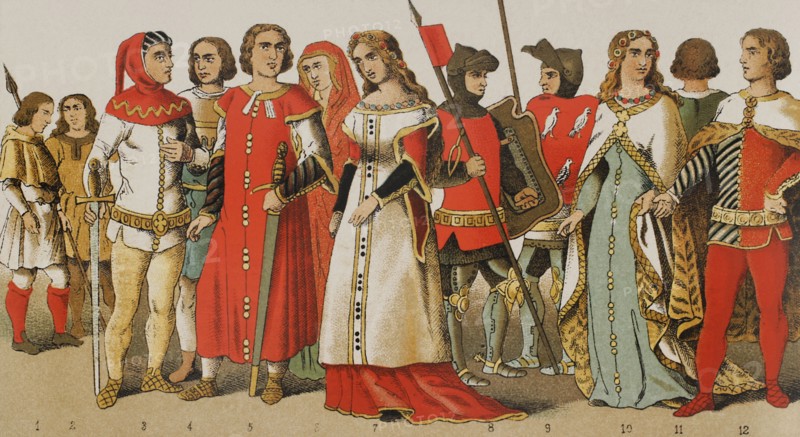 History of Spain. 1300. From left to right, 1-2: hunters, 3-4-5: noblemen, 6-7: noble ladies, 8-9: warriors, 10: noble lady, 11-12: noblemen. Chromolithography. ""Historia Universal"", by Cesar Cantu. Volume VI, 1885.