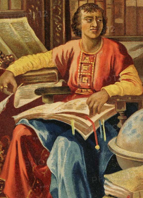 Alfonso X of Castile, called ""The Wise"" (1221-1284). King of Castile and Leon. Portrait. Detail. Chromolithography. ""Historia Universal"" (Universal History), by Cesar Cantu. Volume VI. Published in Barcelona, 1885.