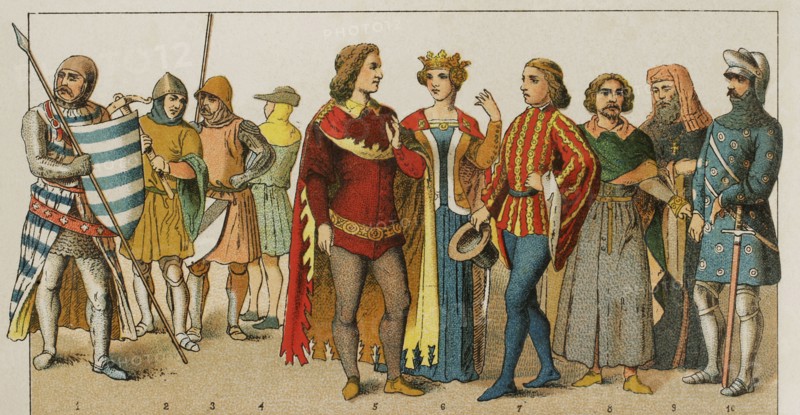 History of England. 1300-1400. From left to right, 1: warrior, 2: crossbowman, 1376. 3: warrior, 4: ordinary people dress, 5-6: court dresses, 7: knight, 8: citizen (ordinary people), 9: lord, 10: knight, 1377. Chromolithography. ""Historia Universal"", by Cesar Cantu. Volume VI, 1885.