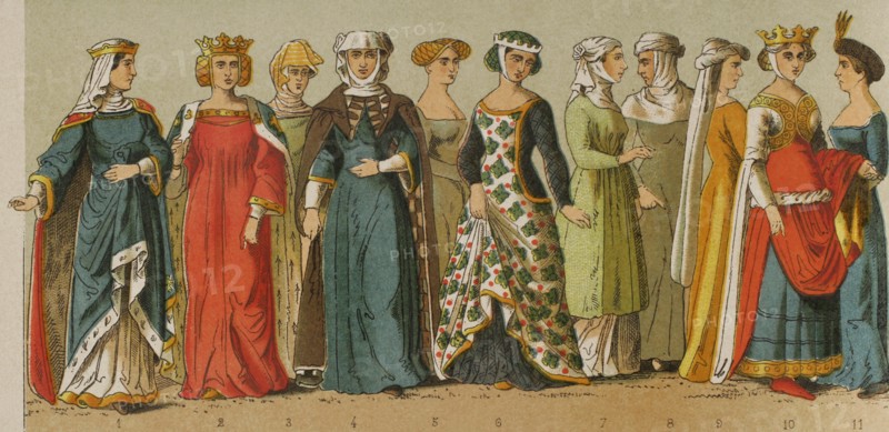 History of France. 1300. From left to right, 1 and 2: queens and princesses, 3: middle-class woman, 4: lady, 5: middle-class woman, 6: lady, 7-8: middle-class women, 9: lady, 10: queen, 11: lady. Chromolithography. ""Historia Universal"", by Cesar Cantu. Volume VI, 1885.