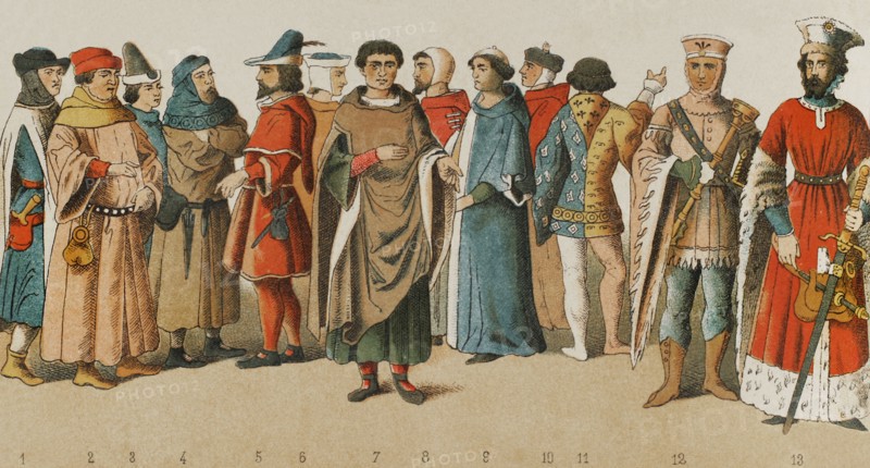 History of France. 1300. From left to right, 1 to 7: citizens, 8-9-10: citizens and nobleman, 11: knight, 12: sergeant-at-arms, 13: Archduke of Burgundy. Chromolithography. ""Historia Universal"", by Cesar Cantu. Volume VI, 1885.