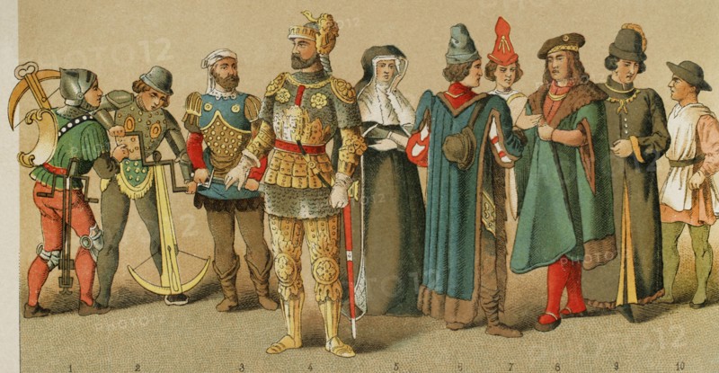History of France. 1400. From left to right, 1-2: crosbowmen, 3-4: knights, 5: mourning gown, 6-7-8-9: noblemen, 10: citizen. Chromolithography. ""Historia Universal"", by Cesar Cantu. Volume VI, 1885.