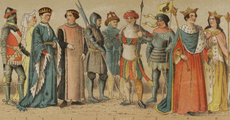 History of England. 1400-1450. From left to right, 1: knight (1417), 2: lady, 3: King Henry V of England (1386-1422), 4: earl, 5-6-7: soldiers, 8: knight, 9: King Henry VI of England (1421-1471), 10: Margaret of Anjou (1430-1482), wife of King Henry VI. Chromolithography. ""Historia Universal"", by Cesar Cantu. Volume VI, 1885.