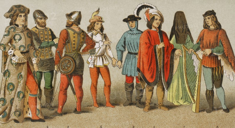 History of England. 1450-1500. From left to right, 1: Knight of the Order of the Garter, 2-3: warriors, 4-5: servants, 6: citizen, 7: bourgeois dress, 8: minstrel. Chromolithography. ""Historia Universal"", by Cesar Cantu. Volume VI, 1885.
