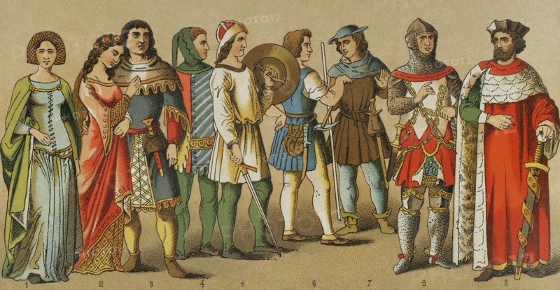 History of Germany. 1300-1350. From left to right, 1-2: dames, 3-4: noblemen, 5: armed citizen, 6-7: menestrals, 8: knight, 9: Landgrave of Thuringia. Chromolithography. ""Historia Universal"", by Cesar Cantu. Volume VI, 1885.