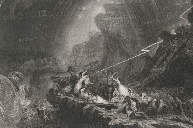 Old Testament. Book of Genesis. The Global Deluge. Engraving. "Historia Universal", by César Cantú. Volume I, 1854.