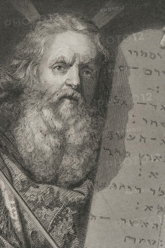 Old Testament. Prophet Moses with the Tablets of the Law. Engraving. Detail. "Historia Universal", by César Cantú. Volume I, 1854.