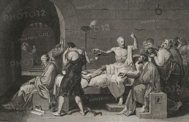 Socrates (ca. 470 BC - 399 BC). Greek philosopher. Accused of corrupting the youth, he was condemned to death by the Heliaia (Supreme Court of Ancient Athens). Death of Socrates. The scene shows Plato seated at the foot of the bed, in a meditative attitude. Engraving by A. Roca, based on the painting by Jacques-Louis David. "Historia Universal", by César Cantú. Volume I, 1854.