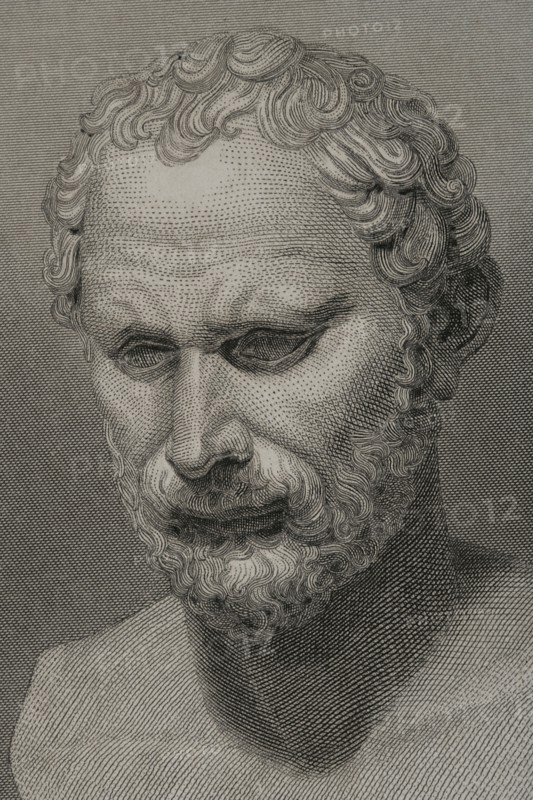 Demosthenes (384 BC - 322 BC). Greek orator and statesman. Portrait. Engraving. Detail. "Historia Universal", by César Cantú. Volume I, 1854.