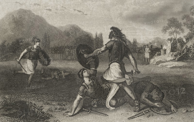 Fight between the Horatii and the Curiatii. Engraving. "Historia Universal", by César Cantú. Volume I, 1854.