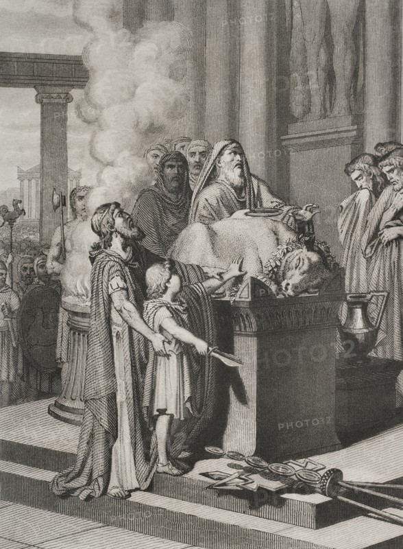 Hannibal Barca (247-183 BC). Carthaginian general and statesman. Hannibal in the Temple of Carthage with his father Hamilcar Barca, at the age of nine, taking an oath of eternal hatred of Rome by dipping his hands in the blood of the sacrificed animal. Engraving. "Historia Universal", by César Cantú. Volume II, 1854.