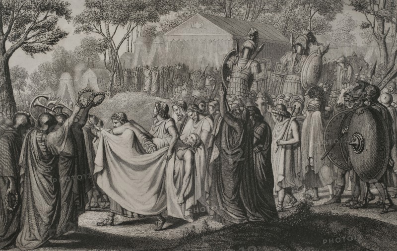 Viriathus (d. 139 BC). Leader of the Lusitanian people who fought against Roman expansion in Hispania in the mid-2nd century BC. Death of Viriathus. Drawing by Méndez. Engraving by A. Roca. "Historia Universal", by César Cantú. Volume II, 1854.