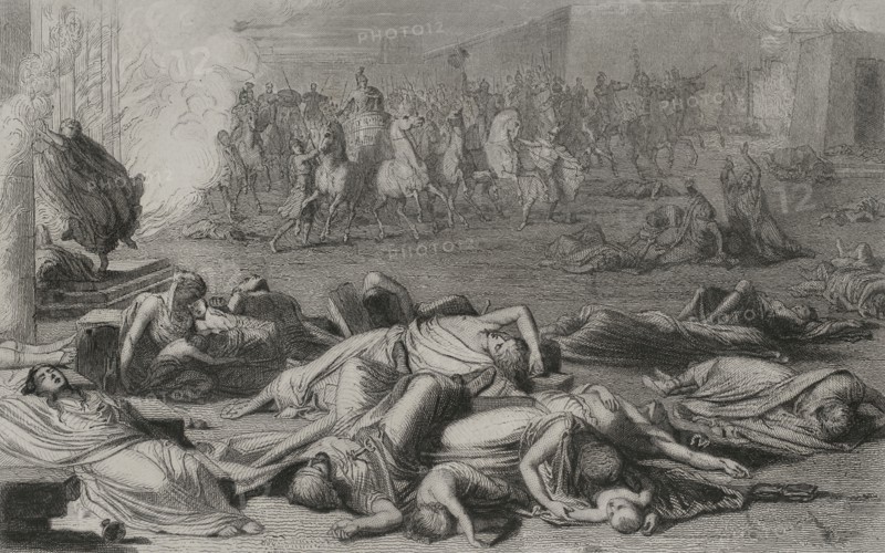 Numantine War. Siege of Numantia by Roman troops, 133 BC. Destruction of the city. Engraving. "Historia Universal", by César Cantú. Volume II, 1854.