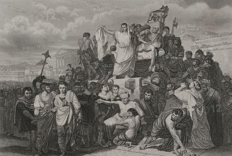 Gaius Julius Caesar (100 BC - 44 BC). Roman politician, general and writer. In 60 BC he established a triumvirate with Pompey and Crassus. Conquered Gaul. Head of the empire an dictator in perpetuity (Dictator Perpetuus). Funeral of Julius Caesar. Engraving by A. Roca. "Historia Universal", by César Cantú. Volume II, 1854.