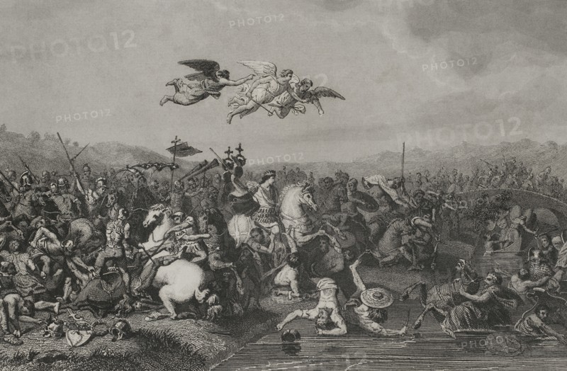 Battle of Constantine against Maxentius (Battle of Milvian Bridge). It took place in 312 between Constantine I the Great (272-337) and Maxentius (276-312), with victory for Constantine's army. Engraving. "Historia Universal", by César Cantú. Volume II, 1854.