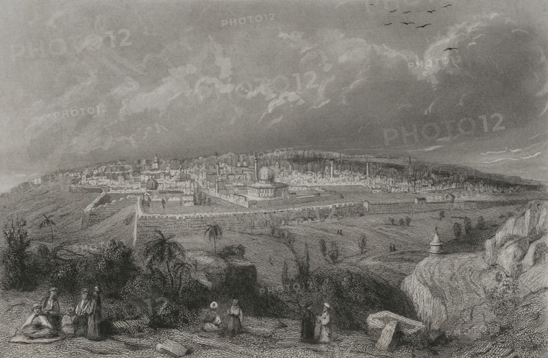 History of Israel. Jerusalem. Panoramic view of the city. Engraving. "Historia Universal", by César Cantú. Volume III, 1855.
