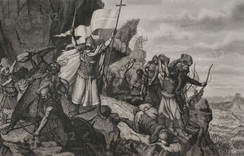 History of Spain. Asturias. Battle of Covadonga, 722. It was the first victory won by Christian military forces in Iberia after the Islamic conquest of Hispania. Defence of Covadonga. Drawing by Méndez. Engraving by A. Roca. "Historia Universal", by César Cantú. Volume III, 1855.