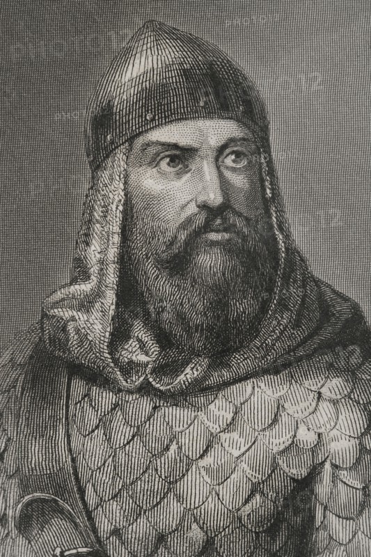 Rodrigo Díaz de Vivar, known as El Cid Campeador (ca. 1043-1099). Castilian nobleman, knighted by the infante Sancho. He took part in the battles of Llantada and Golpejera against Alfonso VI, and the Siege of Zamora. Portrait. Engraving by Geoffroy. Detail. "Historia Universal", by César Cantú. Volume III, 1855.
