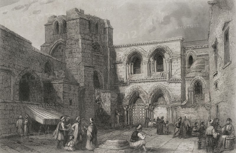 History of Israel. Jerusalem. Entrance to the Church of the Holy Sepulchre. Engraving. "Historia Universal", by César Cantú). Volume III, 1855.