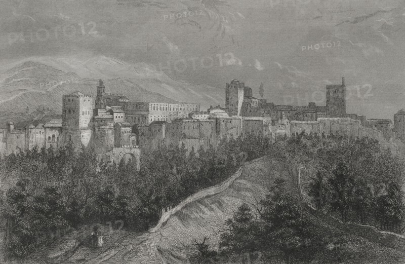 History of Spain. Andalusia. Granada. Panoramic view of the Alhambra. Engraving by Geoffroy. "Historia Universal", by César Cantú. Volume IV, 1856.