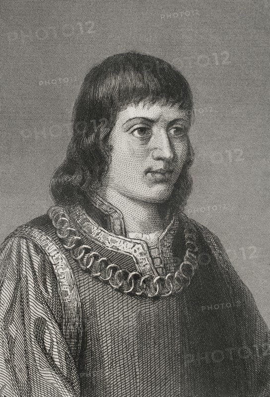 Ferdinand II of Aragon, called The Catholic (1452-1516). King of the Crown of Aragon. King of Castile as Ferdinand V (1474-1504). Portrait. Engraving by Geoffroy. "Historia Universal", by César Cantú. Volume IV, 1856.