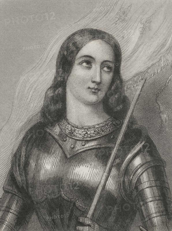 Saint Joan of Arc (1412-1431), so-called the Maid of Orleans. French heroine. Beatified in 1909 and canonized in 1920. Portrait. Engraving by Geoffroy. "Historia Universal", by César Cantú. Volume IV, 1856.