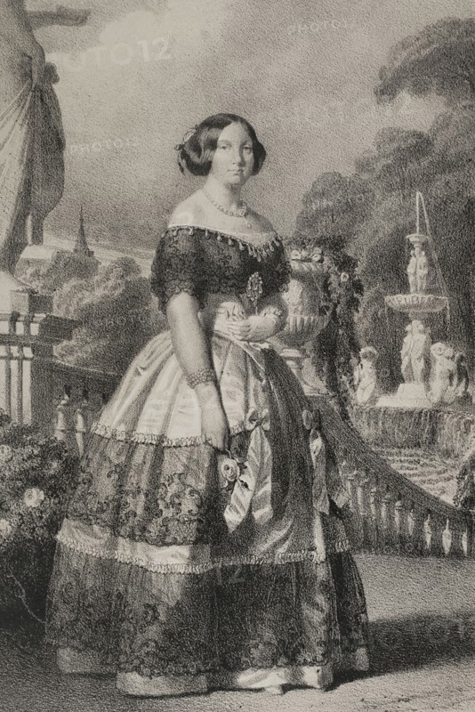 Isabella II of Spain (1830-1904). Queen of Spain from 1833 o 1868. Portrait. Drawing by J. Vallejo. Lithography by J. Donon. ""Reyes Contemporaneos"". Volume I. Published in Madrid, 1855.