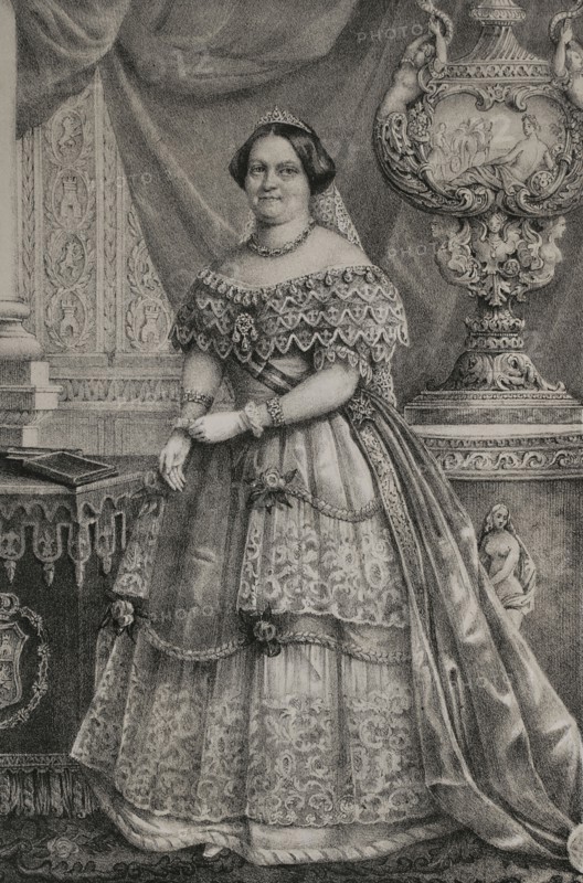 Maria Cristina de Borbon of the Two Sicilies (1806-1878). Queen consort of Spain between 1829 and 1833 by her marriage to King Ferdinand VII, of whom she was his fourth and last wife. Regent of the kingdom from 1833 to 1840. Portrait. Drawing by C. Legrand. Lithography by J. Donon. ""Reyes Contemporaneos"". Volume I. Published in Madrid, 1855.