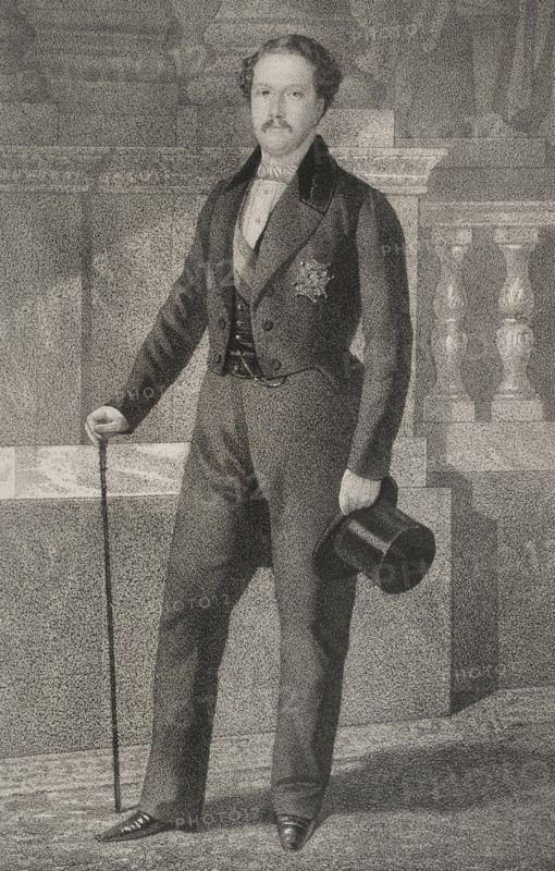Francisco of Spain (1822-1902). King consort of Spain (1846-1868) by his marriage in 1846 to his cousin Queen Isabella II of Bourbon. Portrait. Drawing by B. Blanco. Lithography by J.J. Martinez. ""Reyes Contemporaneos"". Volume I. Published in Madrid, 1855.
