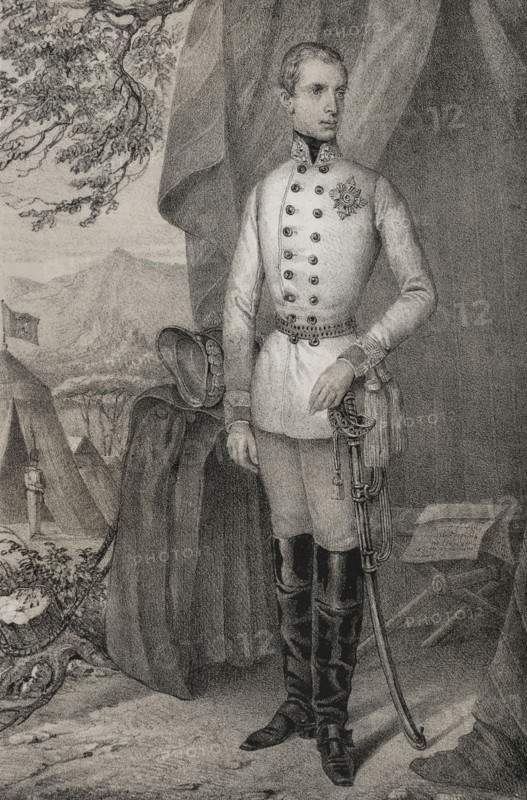 Portrait of the young Ferdinand Maximilian of Austria (1832-1867), Archduke of Austria. He renounced his title to become emperor of Mexico (1864-1867) as Maximilian I. Drawing by C. Legrand. Lithography by J. Donon. ""Reyes Contemporaneos"". Volume I. Published in Madrid, 1855.