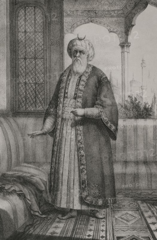 Moulay Abd al-Rahman of Morocco (1778-1859). Sultan of Morocco (1822-1859). Alawi dynasty. Portrait. Lithography by Martinez and M. Iglesias. Reyes Contemporaneos. Volume I. Published in Madrid, 1855.