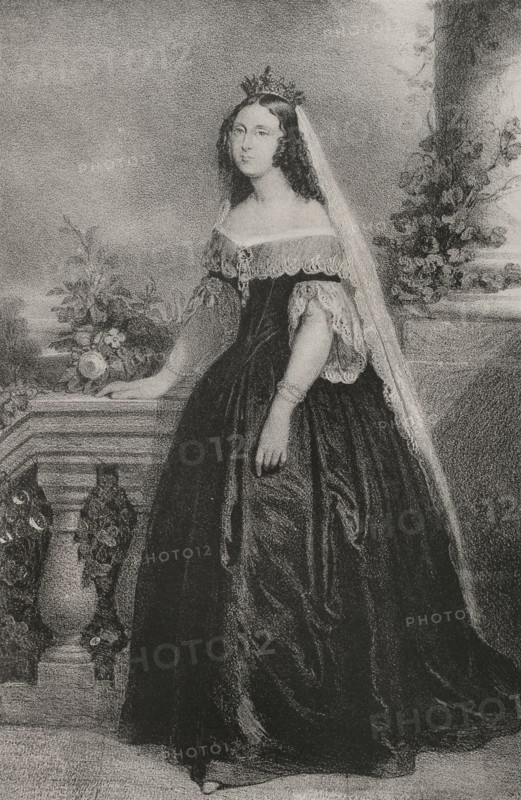 Sophie of Wurttemberg (1818-1877). Queen of the Netherlands (1849-1877) and Grand Duchess of Luxembourg. First wife of King William III of the Netherlands. Portrait. Drawing by A. Cortes y Vallejo. Lithography by J.J. Martinez. Reyes Contemporaneos. Volume I. Published in Madrid, 1855.