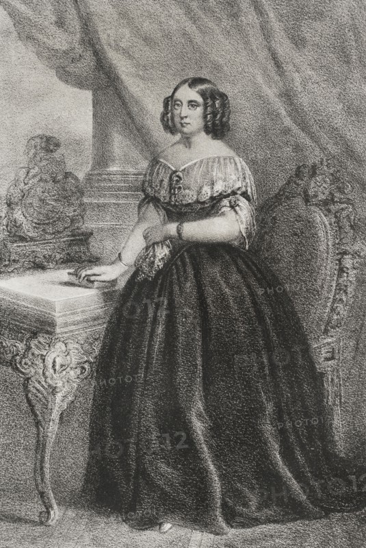 Pauline Therese of Wurttemberg (1800-1873). Queen consort of Wurttemberg by her marriage to her first cousin King William I in 1820. Portrait. Drawing by A. Cortes. Lithography by J. Donon. ""Reyes Contemporaneos"". Volume I. Published in Madrid, 1855.