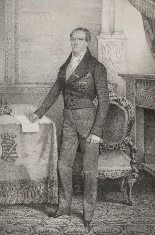 Frederick Augustus II of Saxony (1797-1854). King of Saxony (1836-1854). Portrait. Drawing by Valdivieso. Lithography by Martinez. ""Reyes Contemporaneos"" (Contemporary Kings). Volume II. Published in Madrid, 1852.