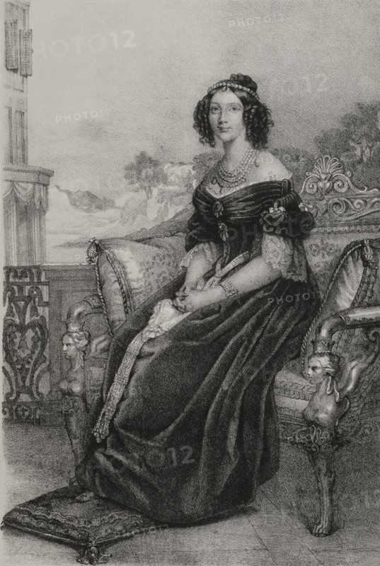 Maria Anna of Bavaria (1805-1877). Queen consort of Saxony (1836-1854) by her marriage to King Frederick Augustus II of Saxony (1797-1854). Portrait. Drawing by I. Brochelon. Lithography by J.J. Martinez. ""Reyes Contemporaneos"" (Contemporary Kings). Volume II. Published in Madrid, 1852.