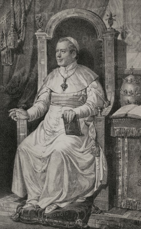 Pius IX (1792-1878). Italian pope (1846-1878), born Giovanni Maria Mastai Ferretti. Portrait. Drawing by B. Blanco. Lithography by J. Donon. ""Reyes Contemporaneos"" (Contemporary Kings). Volume II. Published in Madrid, 1852.