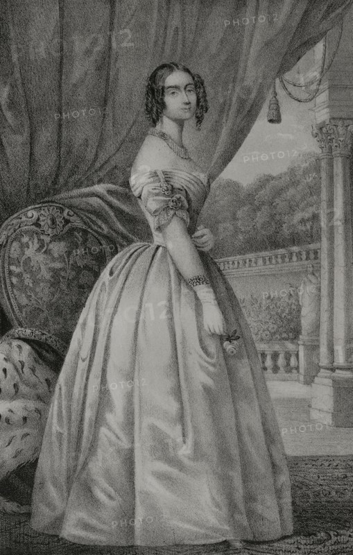 Mathilde Karoline of Bavaria (1813-1862). Daughter of King Ludwig I of Bavaria. Grand Duchess consort of Hesse and by Rhine by her marriage to Grand Duke Ludwig III (1806-1877). Drawing by C. Legrand. Lithography by J. Donon. ""Reyes Contemporaneos"" (Contemporary Kings). Volume II. Published in Madrid, 1852.