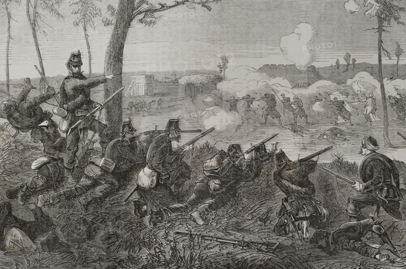 Franco-Prussian War (1870-1871). Siege of Paris (19 September 1870 to 28 January 1871). Skirmishes between the Prussian outposts encircling Paris and the besieged. Engraving by Capuz. ""Historia de la Guerra de Francia y Prusia"" (History of the War between France and Prussia). Volume II. Published in Barcelona, 1871.