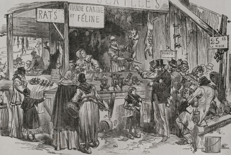 Franco-Prussian War (1870-1871). Siege of Paris (19 September 1870 to 28 January 1871). Stall selling dog, cat and rat meat in the Faubourg Saint-Germain during the siege of the city. Engraving. ""Historia de la Guerra de Francia y Prusia"" (History of the War between France and Prussia). Volume II. Published in Barcelona, 1871.