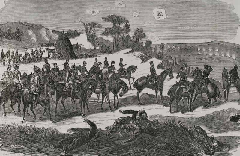 Franco-Prussian War (1870-1871). Second Battle of Orleans (3-4 December 1870). The Prussians defeated the French, recapturing the city of Orleans. Prince Friedrich Karl of Prussia (1828-1885) taking part in the battle. Drawing by Padro. Engraving by Artigas. ""Historia de la Guerra de Francia y Prusia"" (History of the War between France and Prussia). Volume II. Published in Barcelona, 1871.