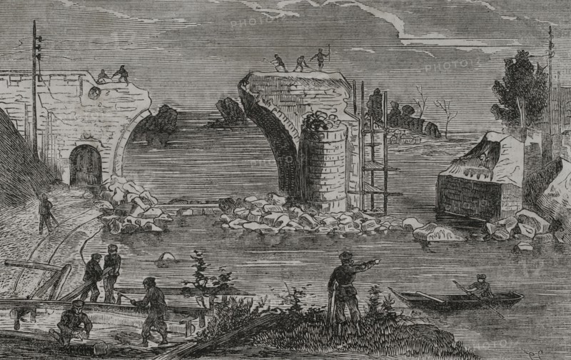 Franco-Prussian War (1870-1871). Reparation of the railway bridge over the Marne river at Trilport, near Meaux, destroyed by the French in 1870. Engraving. ""Historia de la Guerra de Francia y Prusia"" (History of the War between France and Prussia). Volume II. Published in Barcelona, 1871.