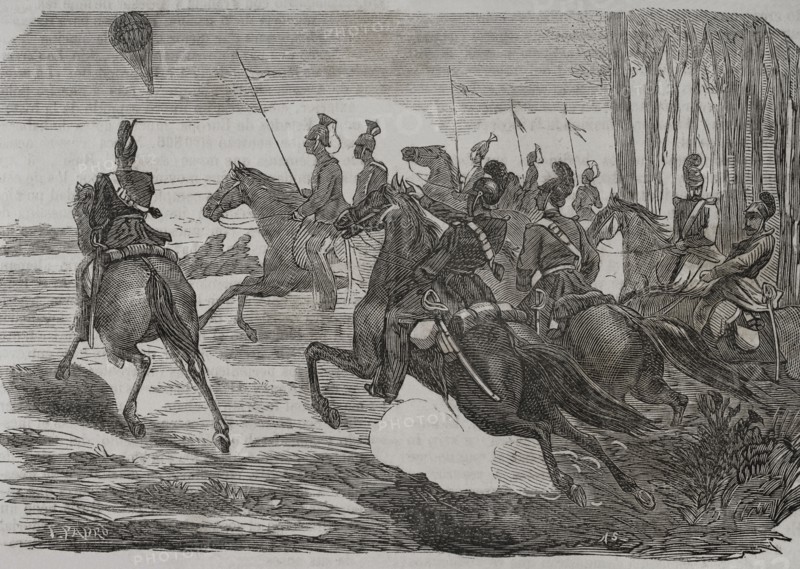 Franco-Prussian War (1870-1871). Siege of Paris (19 September 1870 to 28 January 1871). German patrol chasing a hot-air balloon which was leaving Paris to escape the siege. Engraving by Padro. ""Historia de la Guerra de Francia y Prusia"" (History of the War between France and Prussia). Volume II. Published in Barcelona, 1871.