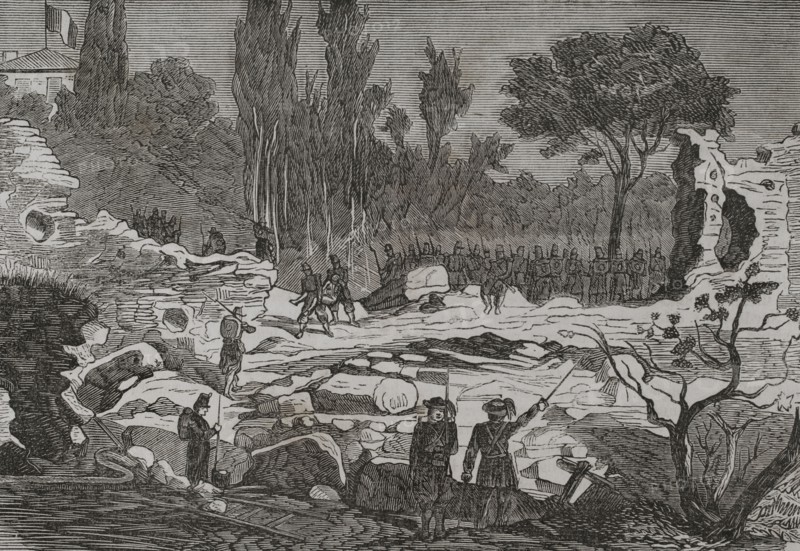 Unification of Italy. Capture of Rome. Occupation of Rome by troops of the Kingdom of Italy led by General Raffaele Cadorna on 20 September 1870. Engraving. ""Historia de la Guerra de Francia y Prusia"" (History of the War between France and Prussia). Volume II. Published in Barcelona, 1871.