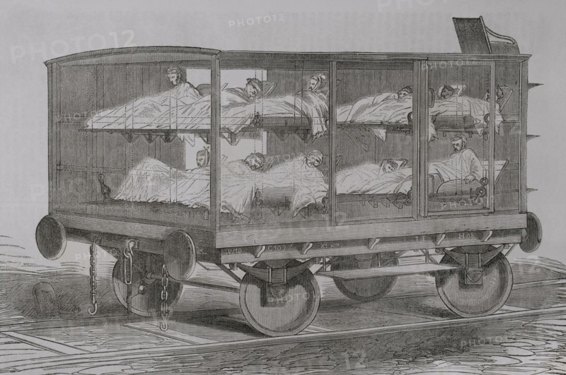 Franco-Prussian War (1870-1871). Casualty transport wagon. Engraving. ""Historia de la Guerra de Francia y Prusia"" (History of the War between France and Prussia). Volume II. Published in Barcelona, 1871.