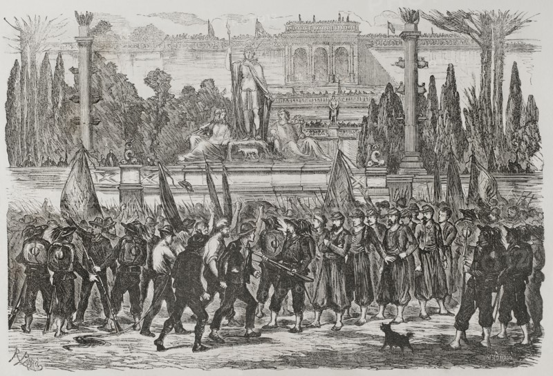 Unification of Italy. Capture of Rome. Occupation of Rome by troops of the Kingdom of Italy led by General Raffaele Cadorna on 20 September 1870. Italian troops taking possession of the Piazza del Popolo, preventing the common people attacking the Papal Zouaves taken prissoners. Drawing by R. Padro. Engraving by Sadurni. ""Historia de la Guerra de Francia y Prusia"" (History of the War between France and Prussia). Volume II. Published in Barcelona, 1871.