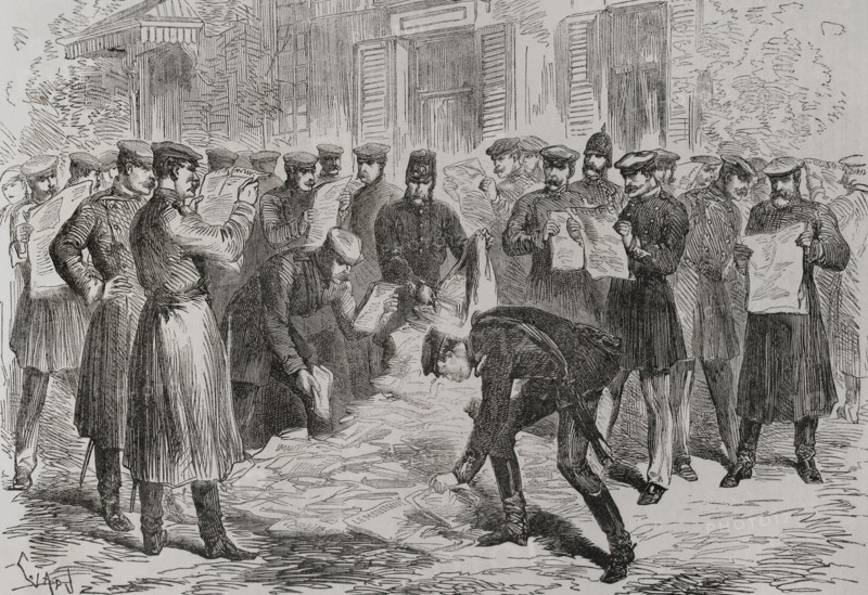 Franco-Prussian War (1870-1871). Siege of Paris (19 September 1870 to 28 January 1871). Fall of a mail balloon within German lines. Engraving by Capuz. ""Historia de la Guerra de Francia y Prusia"" (History of the War between France and Prussia). Volume II. Published in Barcelona, 1871.