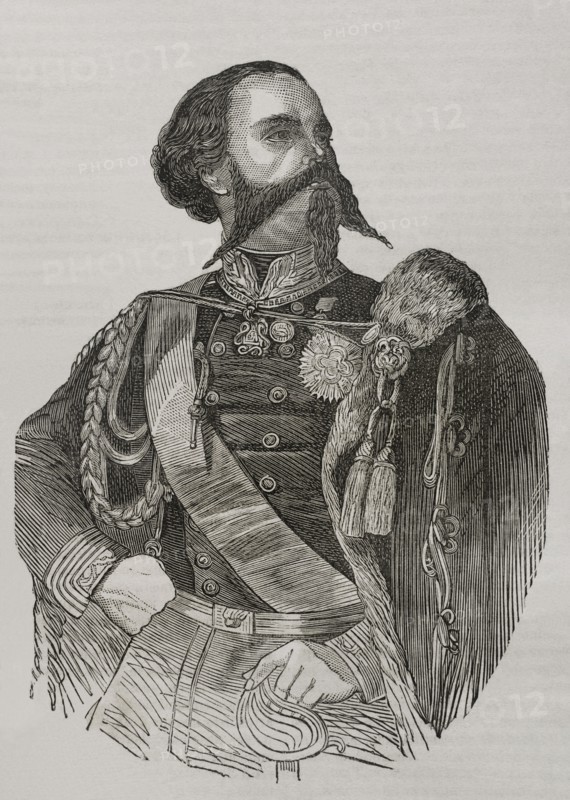 Victor Emmanuel II (1820-1878). Last King of the Kingdom of Sardinia (1849-1861) and the first King of Italy (1861-1878). Portrait. Engraving. ""Historia de la Guerra de Francia y Prusia"" (History of the War between France and Prussia). Volume II. Published in Barcelona, 1871.
